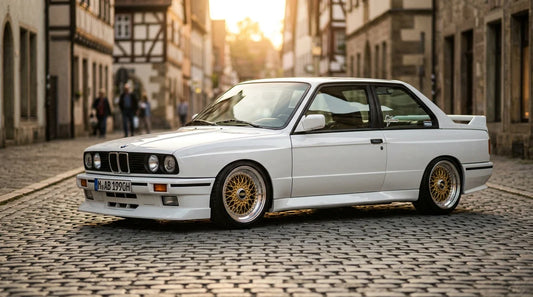 BMW E30 German Look abaissée sur jantes BBS RS avec kit carrosserie M-tech
