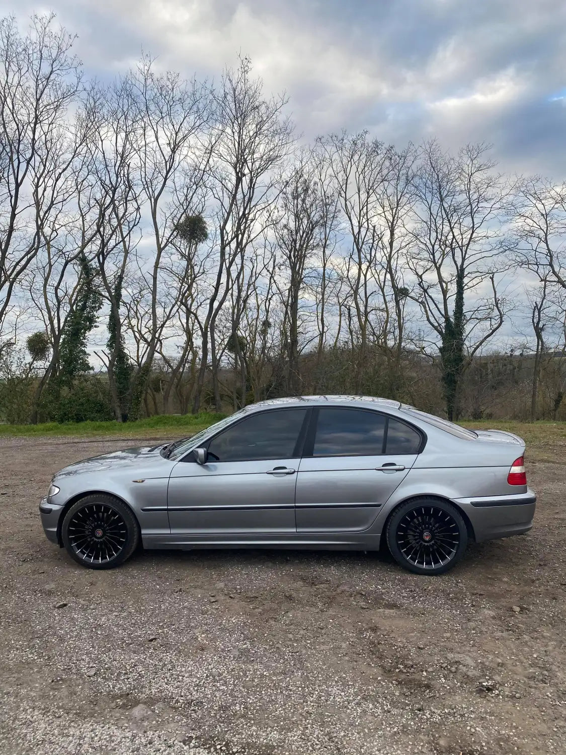 Berline BMW argent avec jantes et pneus noirs.