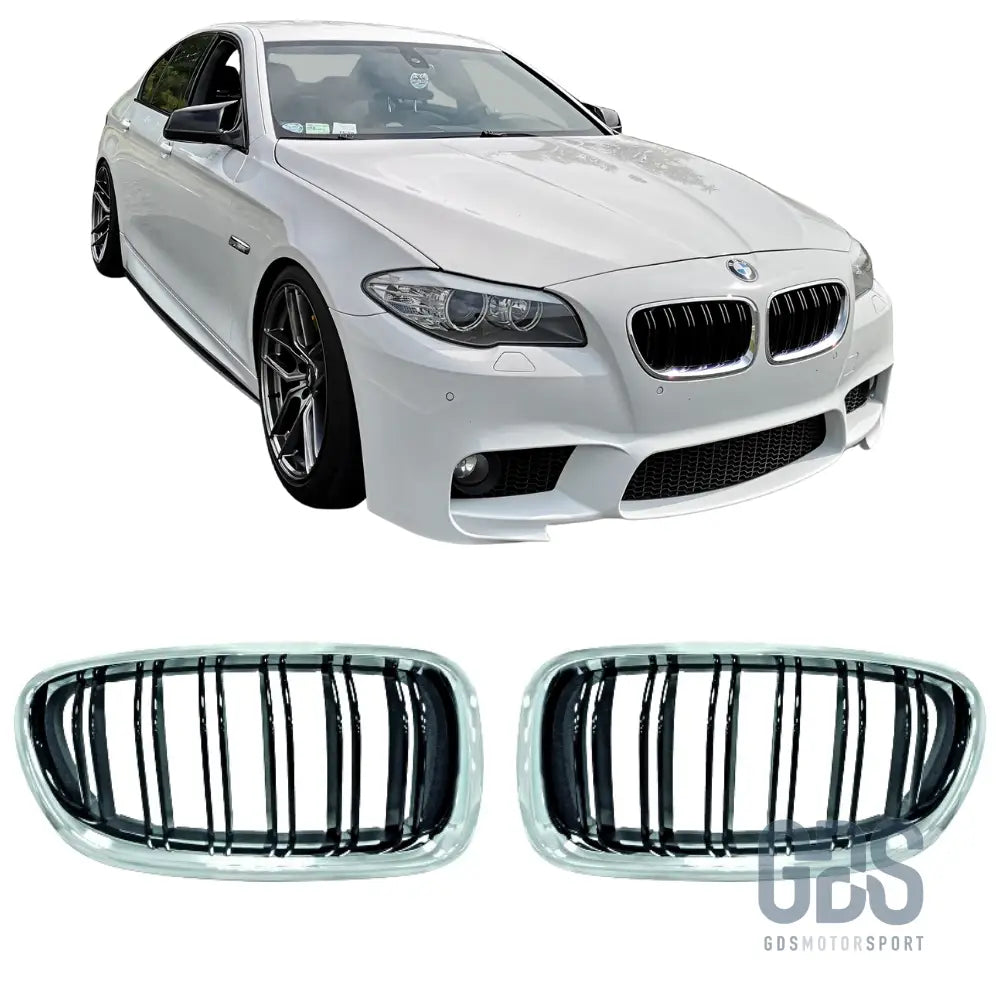 Grilles de calandre look m5 double lame noir brillant & contour chrome pour bmw série 5 f10 f11 - calandres