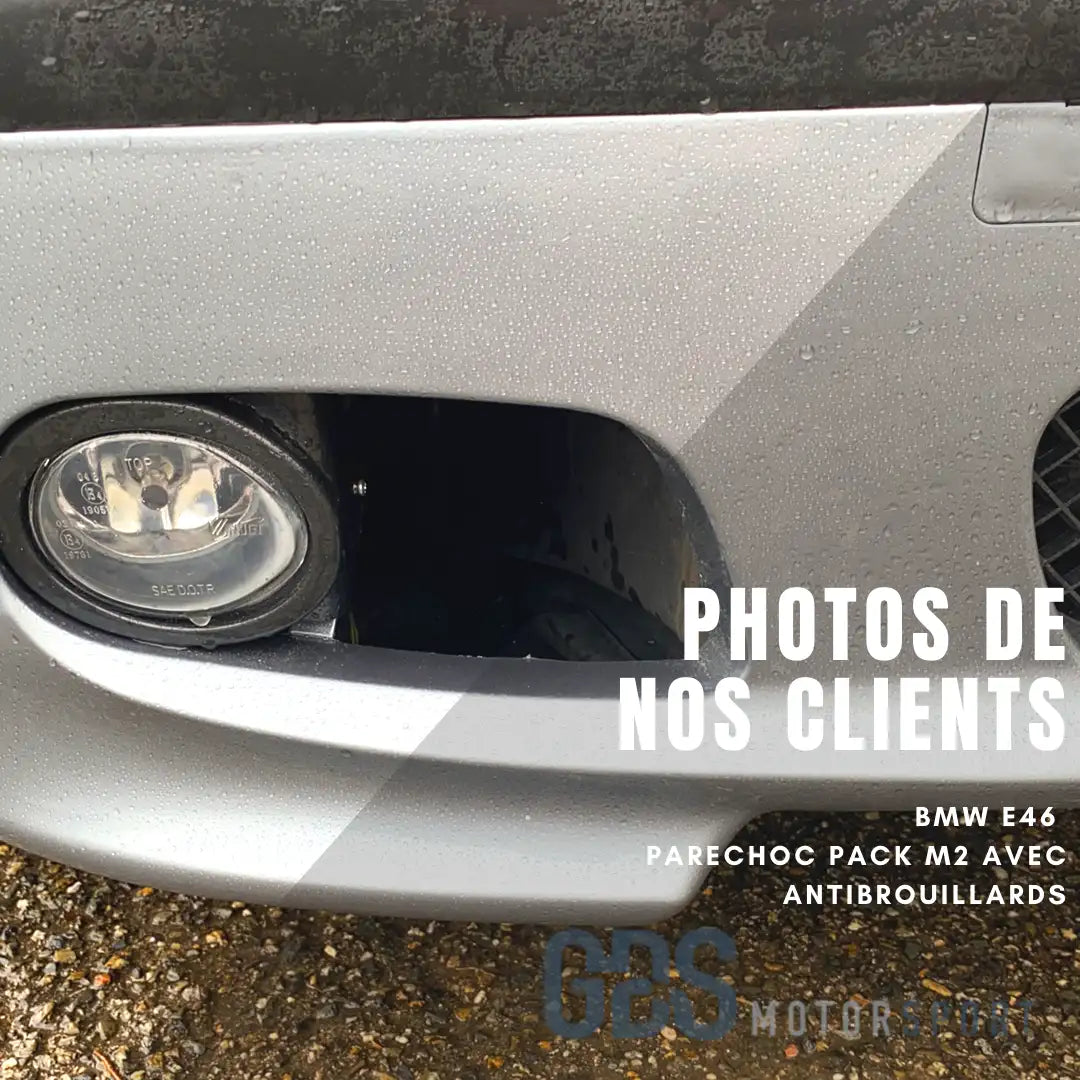 Pare-chocs avant BMW E46 argenté avec pack M2 et phares antibrouillard.