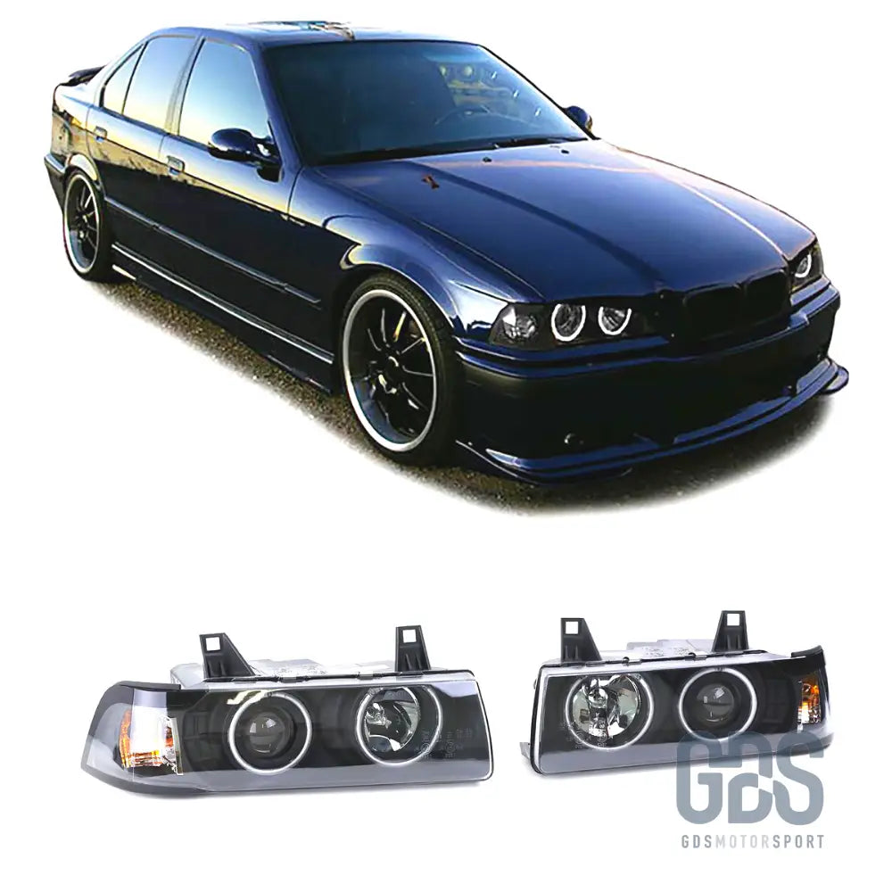 Phares avant angel eyes blanc fond noir pour bmw e36 berline / touring
