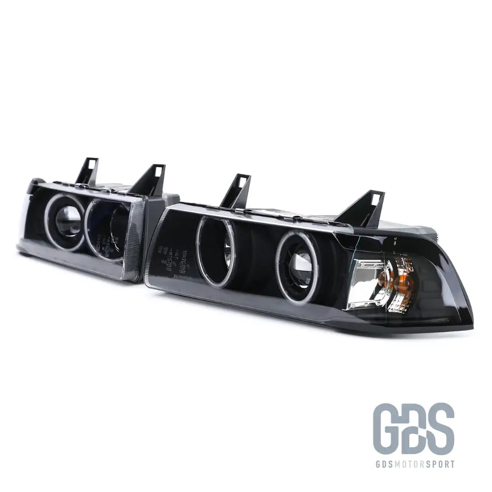 Phares avant angel eyes blanc fond noir pour bmw e36 berline / touring