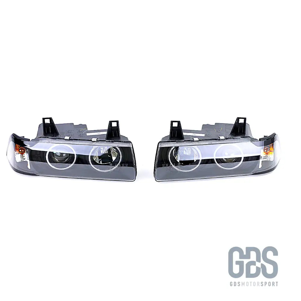 Phares avant angel eyes blanc fond noir pour bmw e36 berline / touring