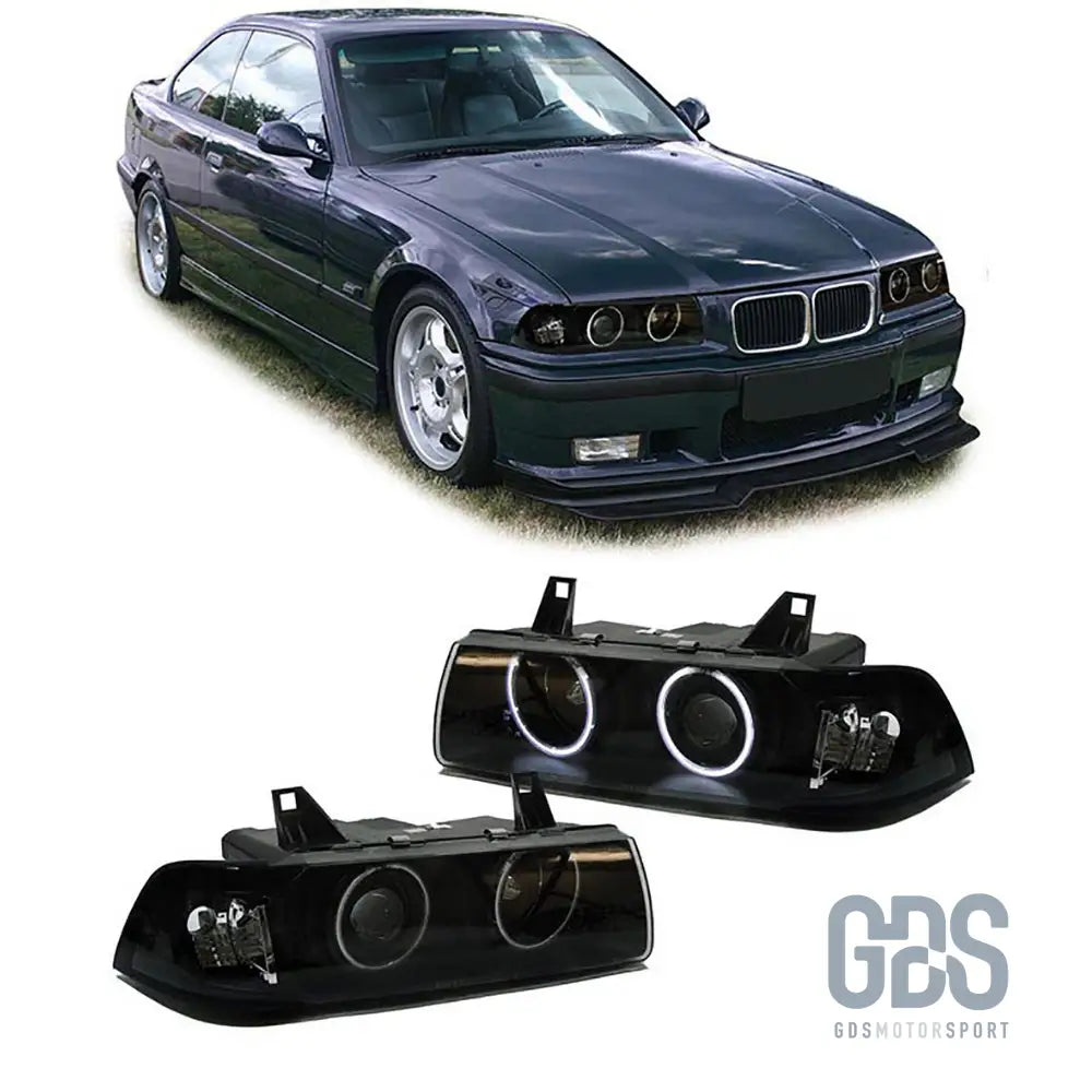Phares avant angel eyes blanc fond noir pour bmw e36 coupé / cabriolet