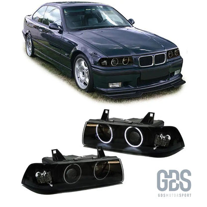 Phares avant angel eyes blanc fond noir pour bmw e36 coupé / cabriolet