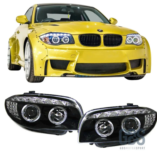 Phares avant angel eyes led avec feux de jour fond noir h7/h7 pour bmw série 1 e87 e81 e82 e88 — phase et 2
