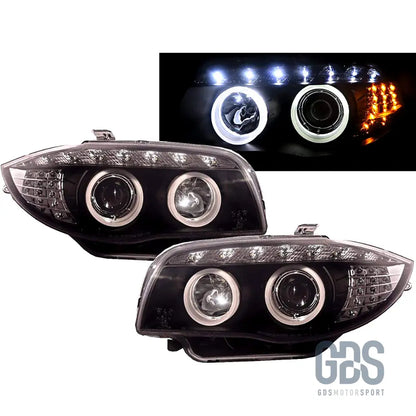 Phares avant angel eyes led avec feux de jour fond noir h7/h7 pour bmw série 1 e87 e81 e82 e88 — phase et 2