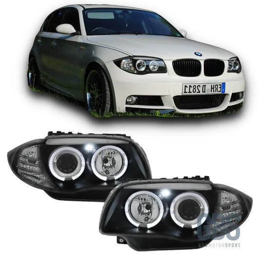 Phares avant angel eyes led fond noir h7/h7 pour bmw série 1 e87 e81 e82 e88 — phase et 2
