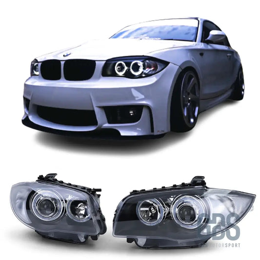 Phares avant angel eyes led fond noir h7/h7 pour bmw série 1 e87 e81 e82 e88 — phase et 2