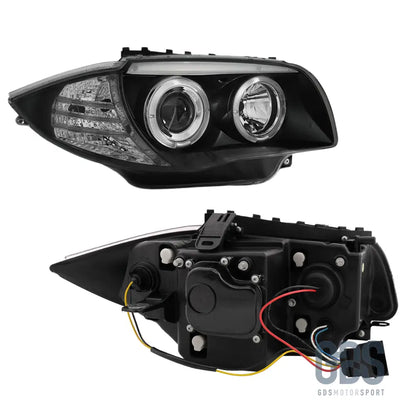 Phares avant angel eyes led fond noir h7/h7 pour bmw série 1 e87 e81 e82 e88 — phase et 2