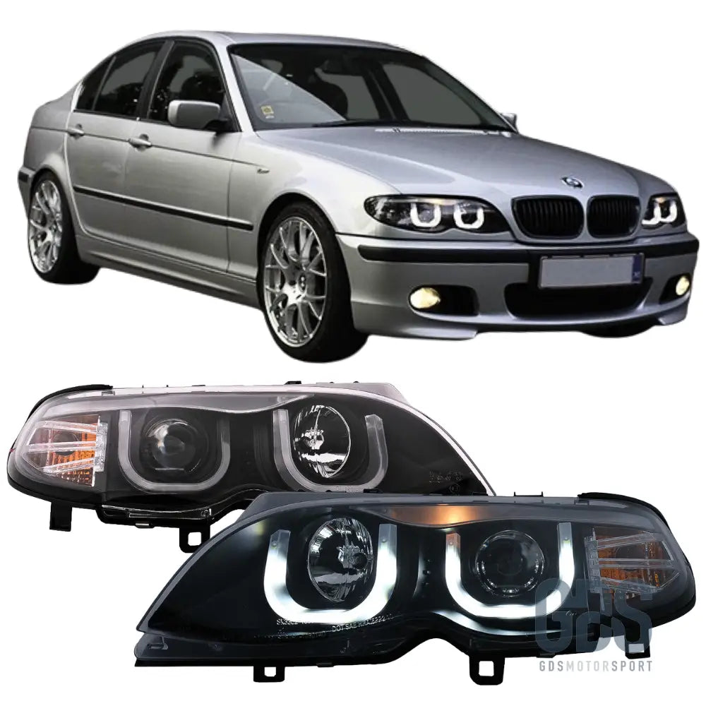 Phares avant look double u à led pour bmw série 3 e46 phase 2 berline / touring h7/h7