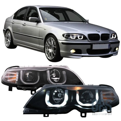 Phares avant look double u à led pour bmw série 3 e46 phase 2 berline / touring h7/h7