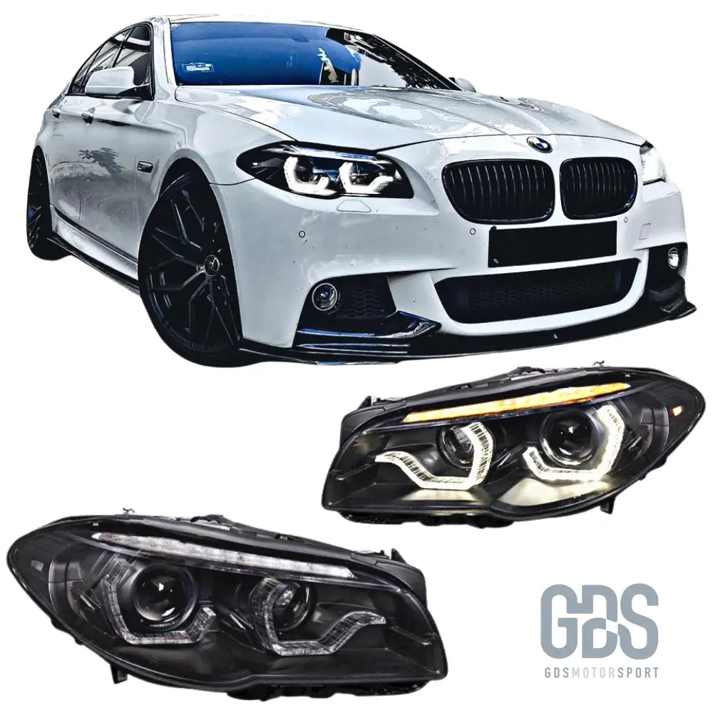 Phares avant xénon angel eyes 3d led fond noir pour bmw série 5 f10 / f11 phase 2 lci