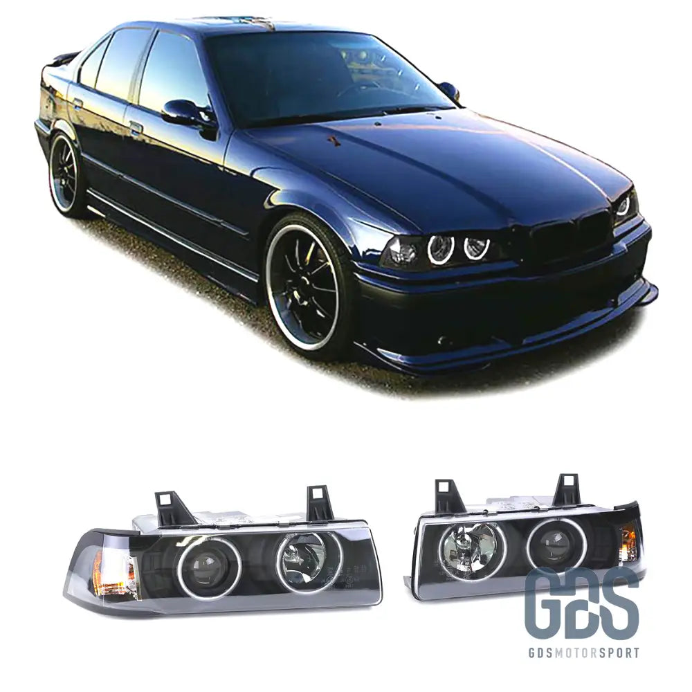 Phares avant Angel Eyes Blanc fond noir BMW E36 Berline / Touring - PHARES FEUX - GDS Motorsport