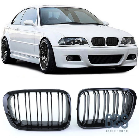 2 Grilles de calandre Double Lame NOIR BRILLANT BMW serie 3 E46 PH1 1999 a 2003 COUPE / CABRIOLET - Calandres - GDS Motorsport